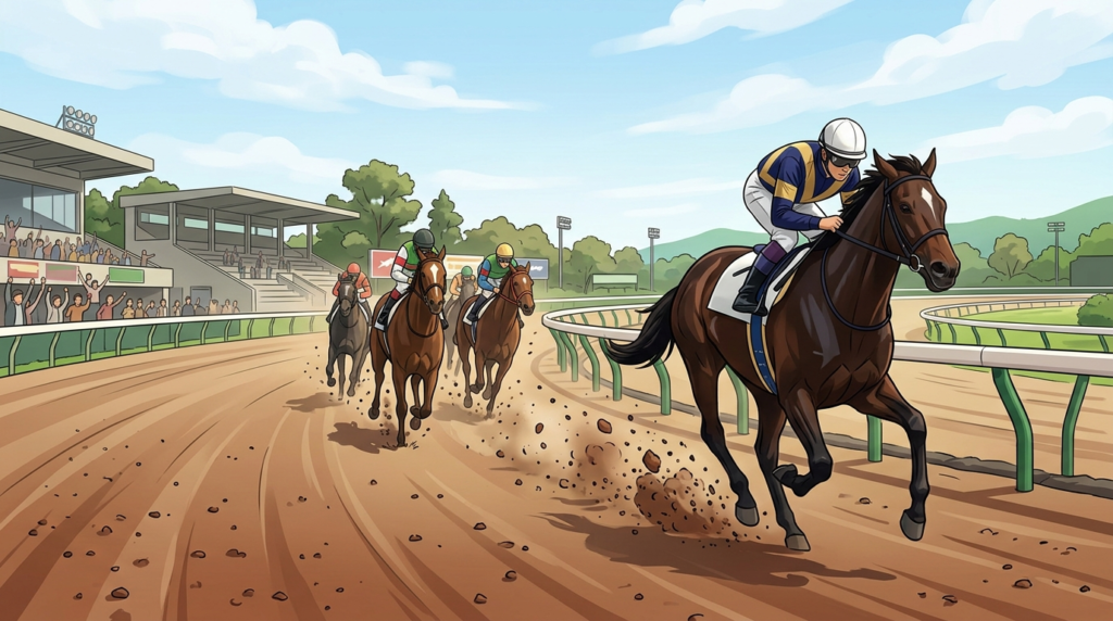 かしわ記念の舞台となる船橋競馬場ダート1600mで、先行馬が砂煙を上げながら力強く走るイラスト。