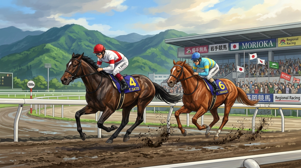 晴れ間が広がる盛岡競馬場のダートコースで、逃げ馬と先行馬が砂を蹴り上げながら力強く走るダイヤモンドカップのイメージイラスト。