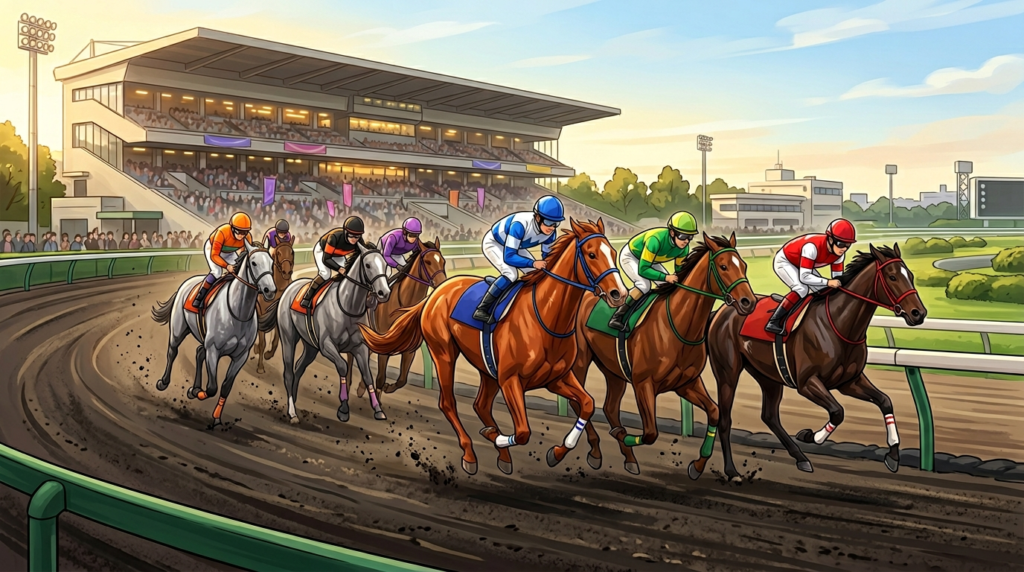 晴れた夕方の名古屋競馬場ダートコースで、3歳馬たちが駿蹄賞に向けて力強く走るイメージイラスト。

