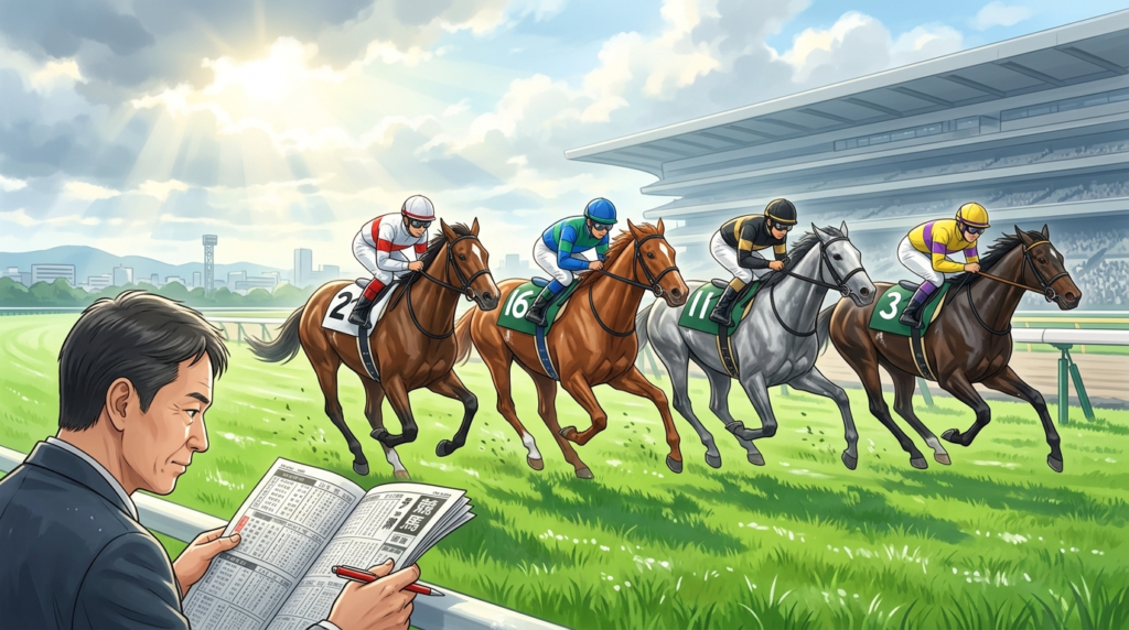 東京競馬場の芝1400mで京王杯スプリングカップに出走する2番16番11番3番のボックス予想を表現した競馬イラスト