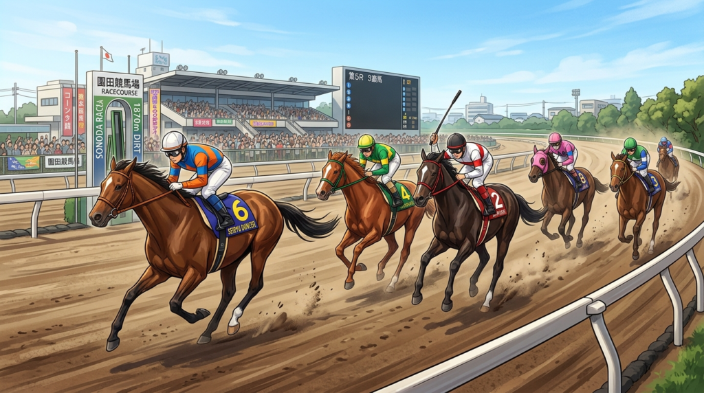 晴れた園田競馬場のダートコースで、兵庫優駿に出走する3歳馬たちがコーナーを力強く駆け抜けるイメージイラスト。