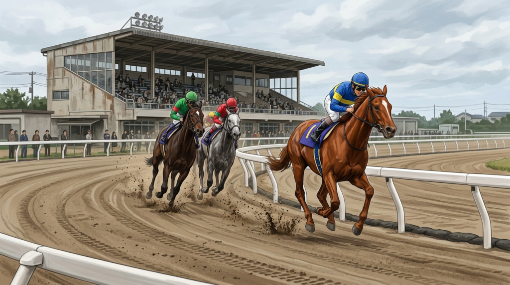 曇り空の園田競馬場で兵庫チャンピオンシップに出走する競走馬たちがダート1400mのコーナーを走るイラスト。