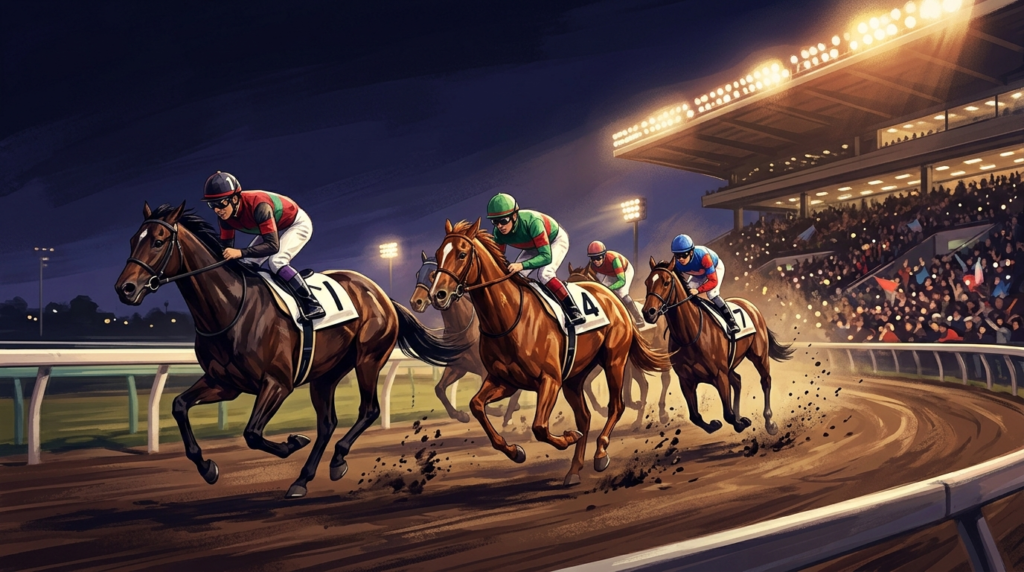 コスモバルク記念をイメージした門別競馬場ナイターの競走馬イラスト。枠順分析の注目枠である1枠、4枠、7枠を示している。