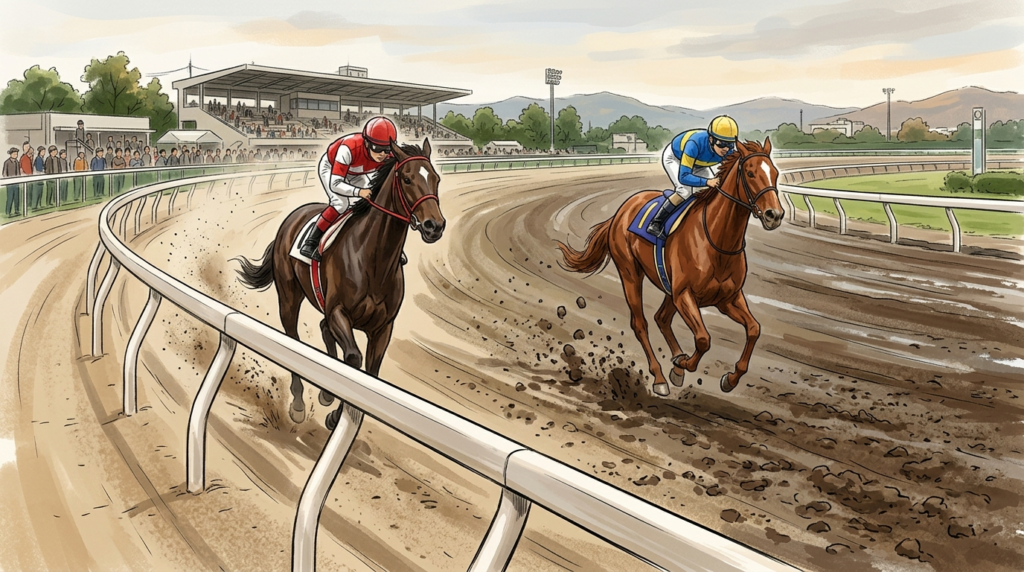 園田競馬場の馬場状態による傾向の違いを表したイラスト。小回りダートコースで先行馬と差し馬が走る様子。