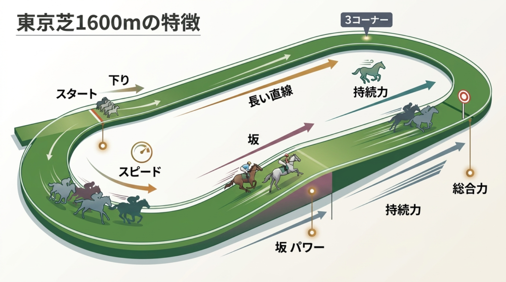 東京芝1600mの特徴が、ひと目で伝わる解説図