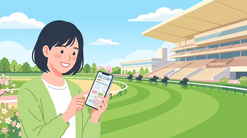 スマートフォンで宝塚記念ファン投票をする競馬ファンのイラスト