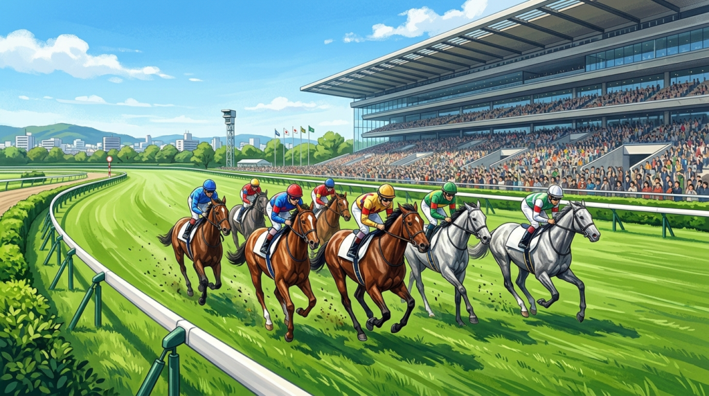 晴天の東京競馬場で、NHKマイルCをイメージした競走馬たちが芝の直線を駆け抜けるイラスト。