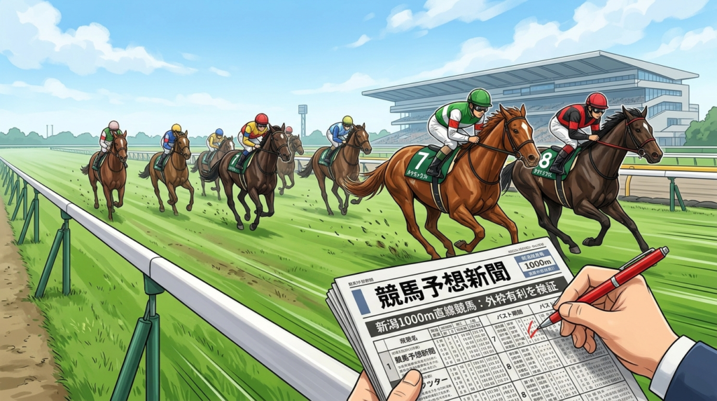 新潟競馬場芝1000m直線コースで外ラチ沿いを走る競走馬と千直の外枠有利傾向を表現した競馬予想イラスト