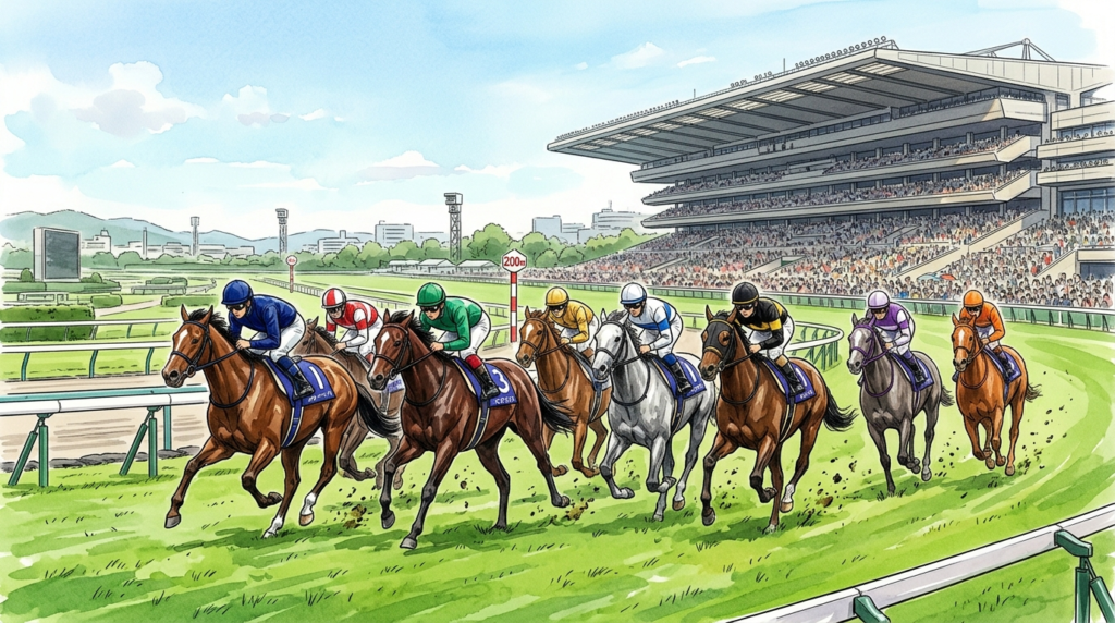 晴れ時々曇の東京競馬場で、エプソムCをイメージした競走馬たちが芝1800mの直線を駆け抜けるイラスト。

