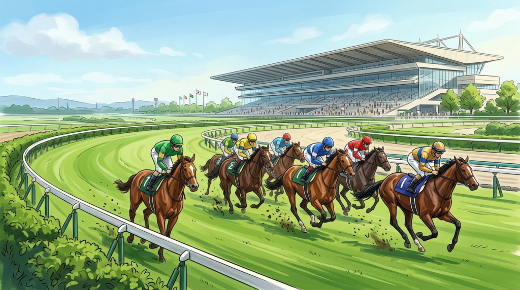 晴天の京都競馬場で、京都新聞杯をイメージした競走馬たちが芝2200m外回りを駆け抜けるイラスト。

