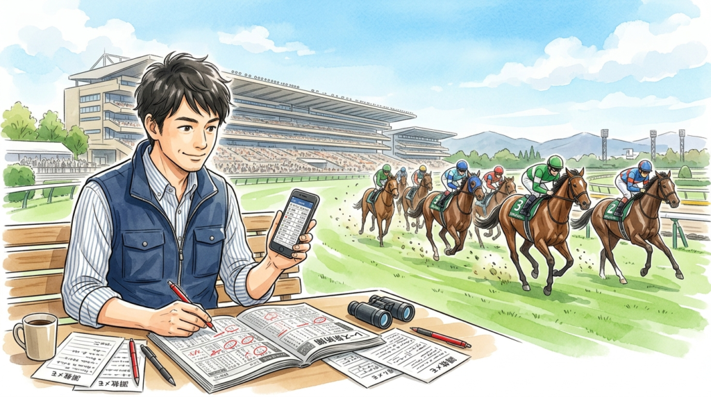 競馬新聞と調教メモを見ながら中央競馬の新潟・京都・東京開催を予想するかめきち風ブロガーと、芝コースを走る競走馬のイラスト。

