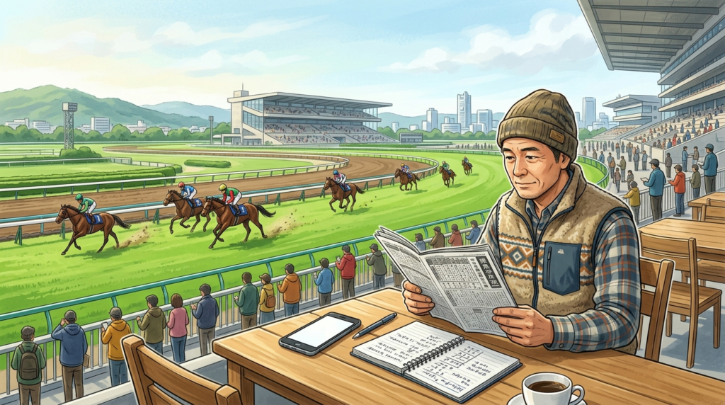 5月10日の東京・京都・新潟競馬を予想する男性と、競馬場を走る競走馬を描いたイラスト。

