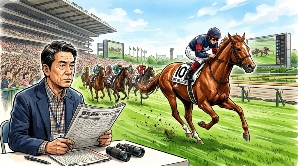 NHKマイルカップで本命視する10番エコロアルバをイメージした競走馬が、東京競馬場の芝1600mを力強く走るイラスト。