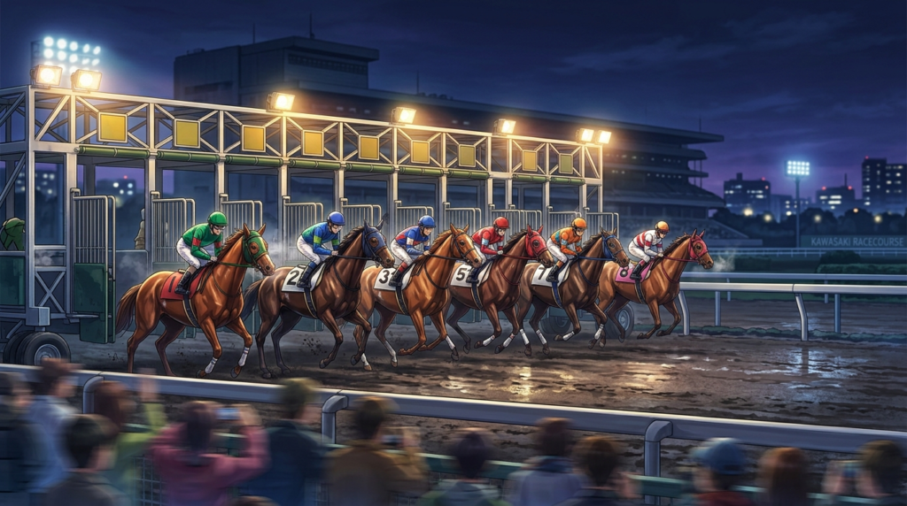 川崎競馬場のナイター照明に照らされたダートコースのスタートゲート前に並ぶ8頭の牝馬サラブレッドと、青紫の夕暮れ空のイラスト
