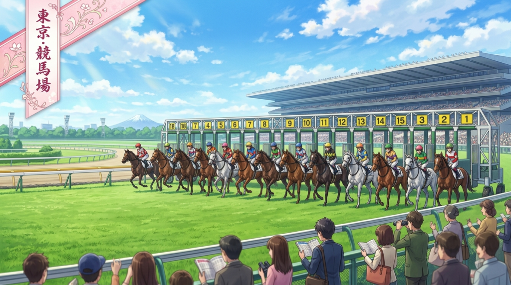 晴天の東京競馬場の芝コーススタートゲート前に並ぶ18頭の牝馬サラブレッドと、初夏の青空に浮かぶ雲のイラスト
