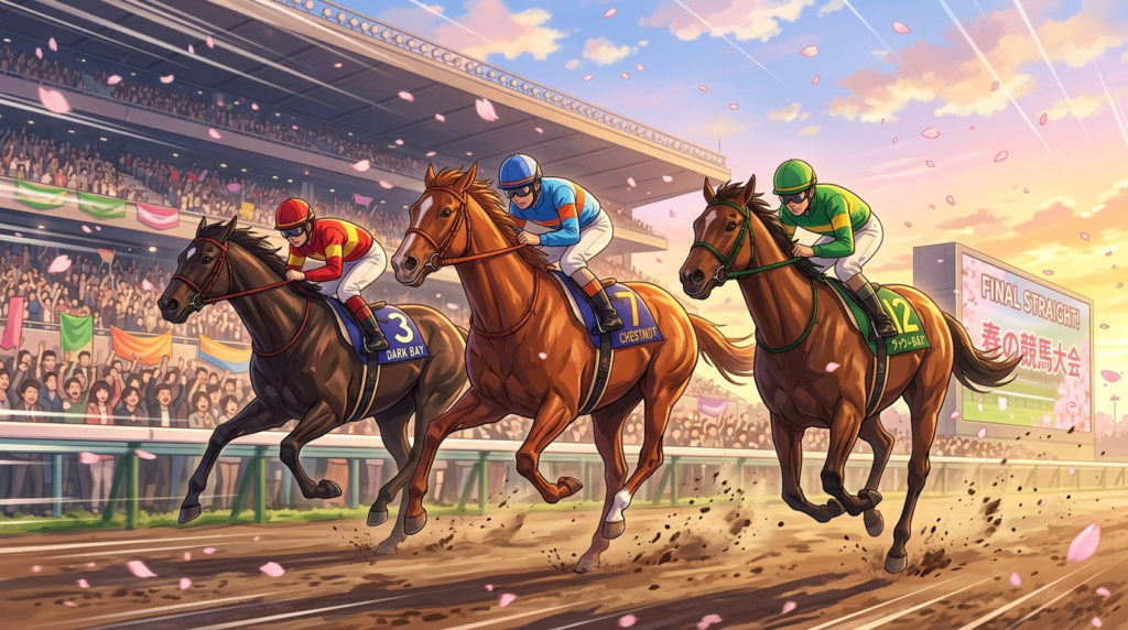 春の中央競馬場で最終直線を疾走する3頭のサラブレッドのイラスト

