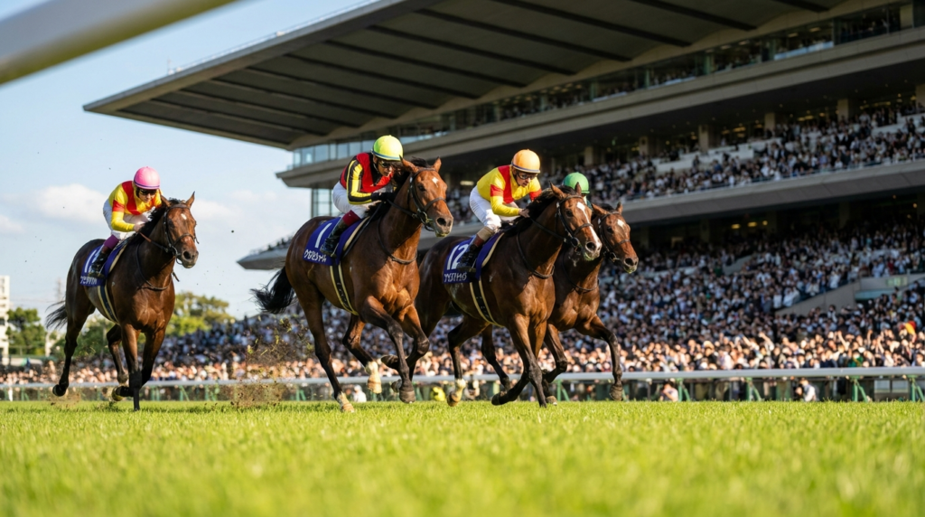 中央に4頭の牝馬が直線で激しく競り合う瞬間