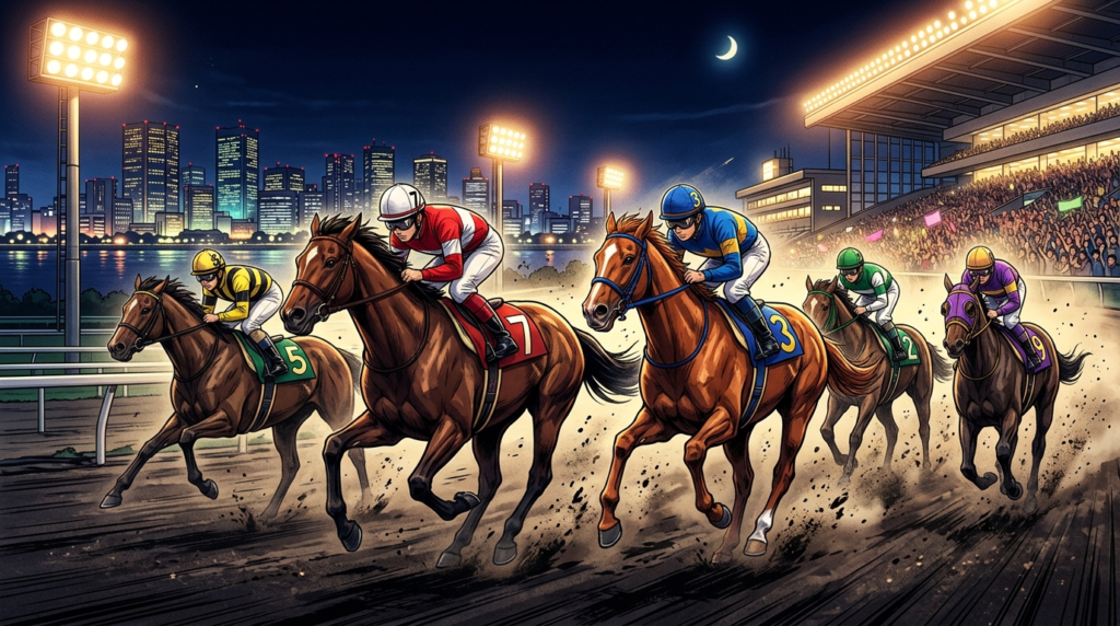 ナイター照明に照らされた大井競馬場のダートコースを激しく競り合う複数のサラブレッドのイラスト──豪華メンバーが集結した第71回大井記念の熱気を表現