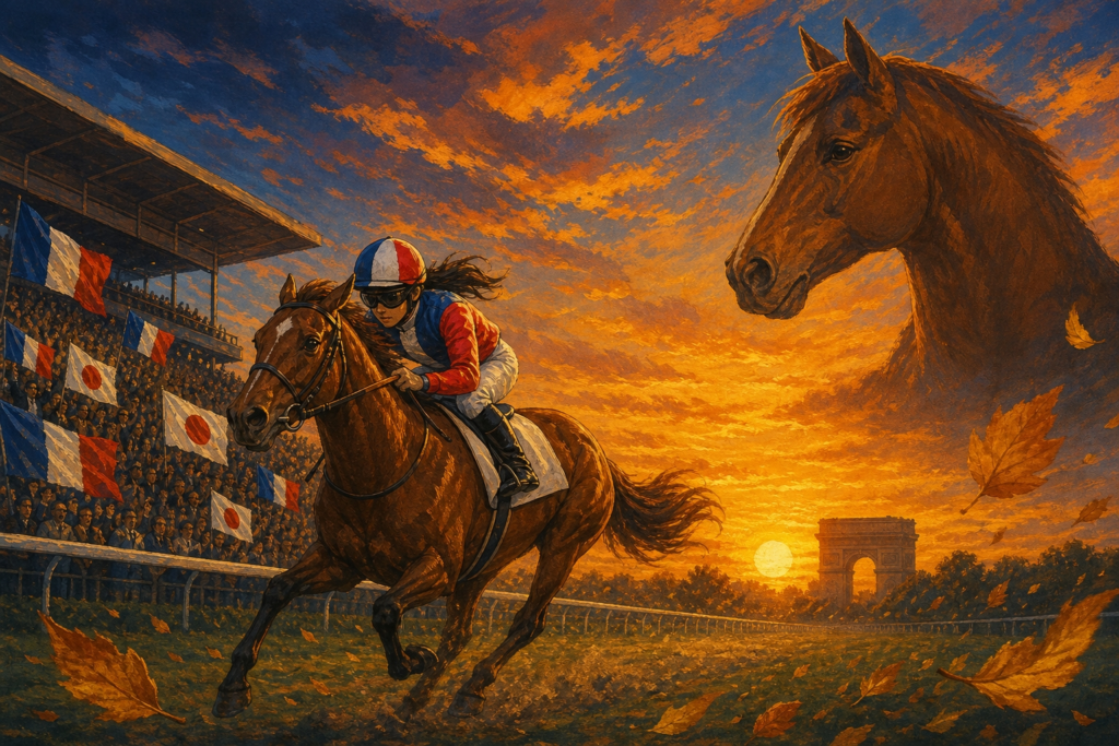 ロンシャン競馬場を駆ける3歳牝馬と父オルフェーヴルのシルエットを描いた、凱旋門賞挑戦の夢を象徴するイラスト