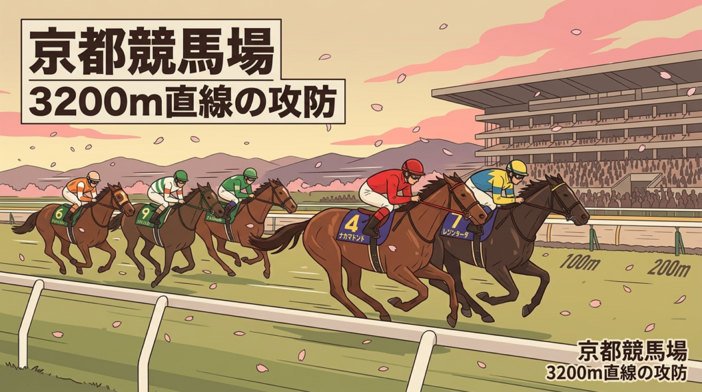 京都芝3200m天皇賞・春で先頭を争う2頭軸の競走馬と後方から追い込む相手3頭を描いた、フラットスタイルの予想記事用イラスト