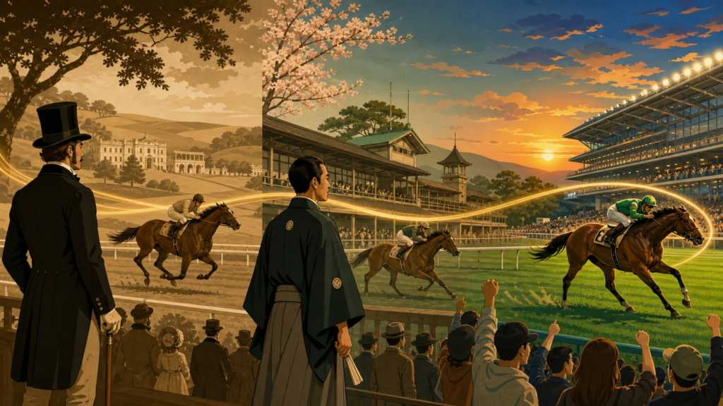 1780年英国エプソムから1932年目黒競馬場、現代の東京競馬場へとダービーの歴史が繋がる壮大なイラスト