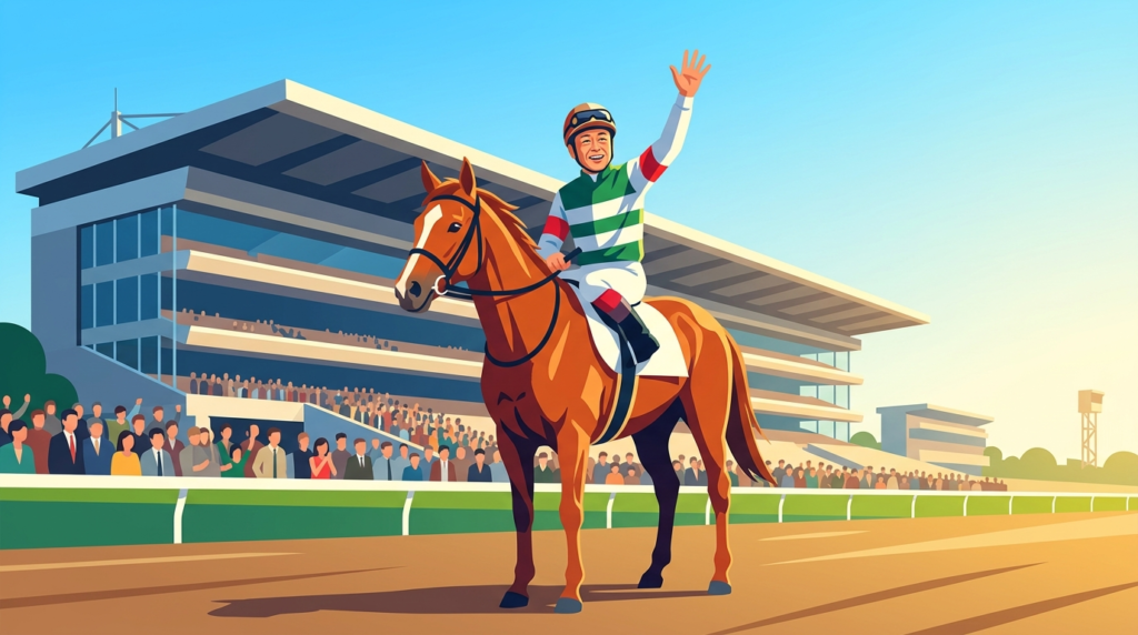  晴れた競馬場のダートコースを力強く駆ける栗毛の競走馬を描いたイラスト（ホリエモンの愛馬イッテラッシャイの京都・鳳雛ステークス出走イメージ）