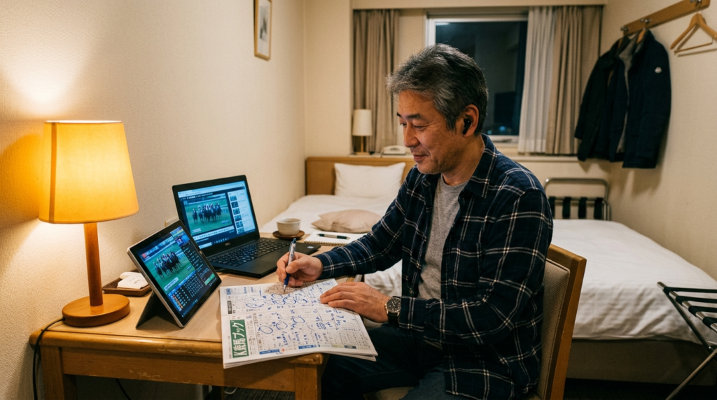 出張先のホテルでノートパソコンとタブレットを使い、イヤホンを付けてメモを取りながら競馬予想YouTubeを見比べる自営業男性のイラスト(信頼できる競馬予想チャンネルの選び方のイメージ)