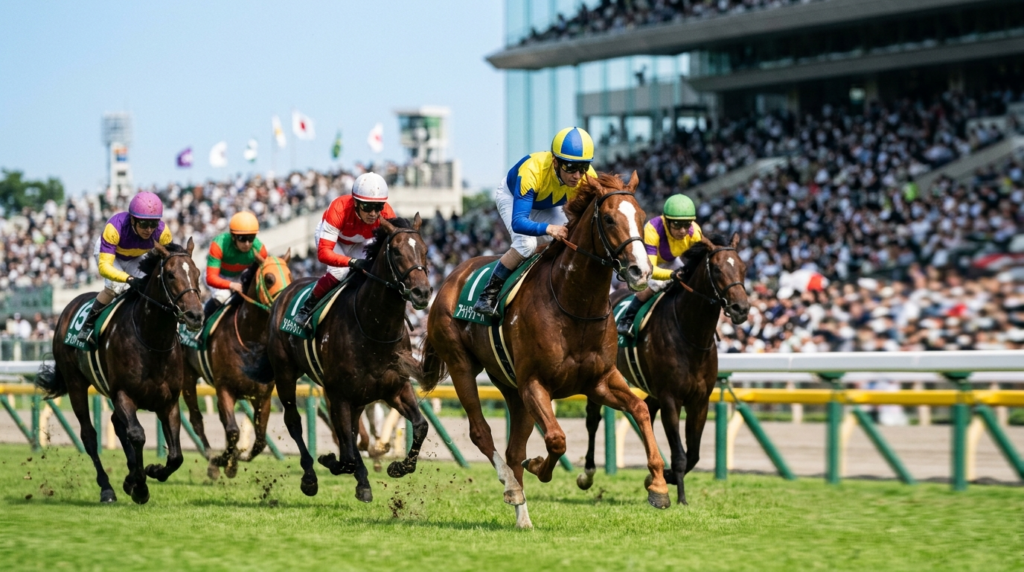 東京競馬場の芝コースを疾走する安田記念の競走馬と騎手たち