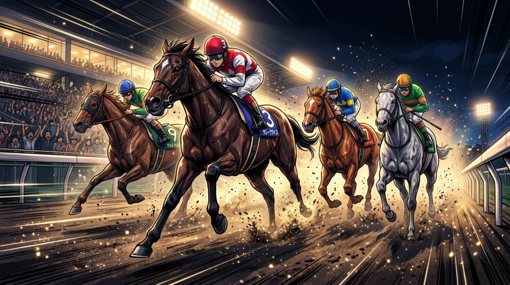 東京ダービー2026の熱戦をイメージしたダート競馬のイラスト