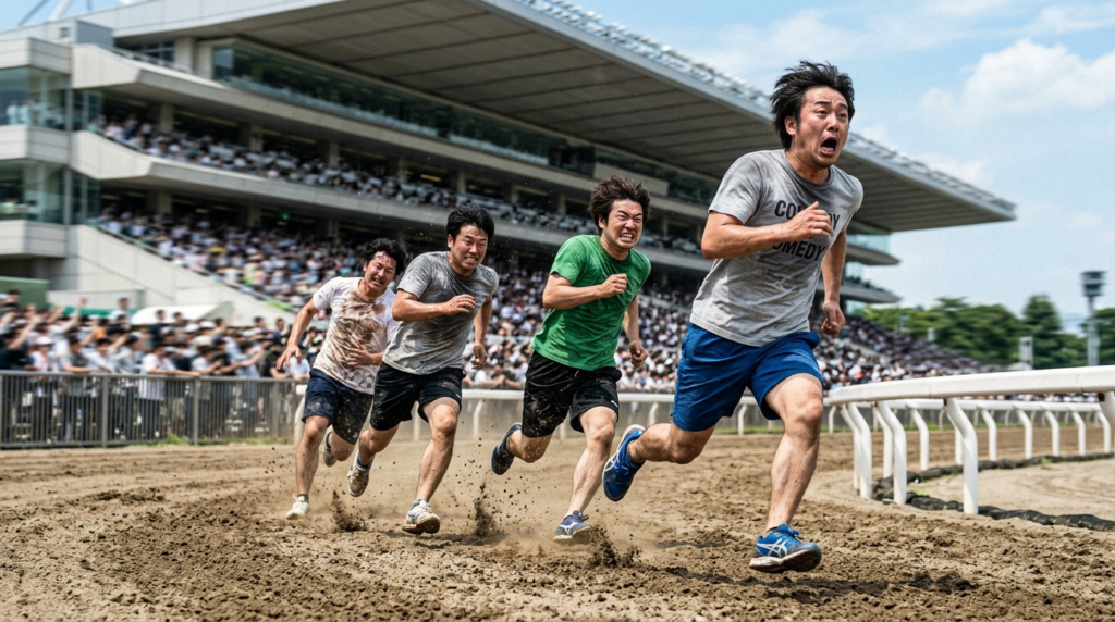 東京競馬場のダートコースを全力で走る芸人たちと、背景にかすむ大観客席

