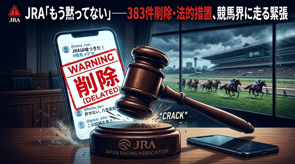 「JRAがSNS誹謗中傷とYouTube無断転載に法的措置——競馬界の浄化宣言を示すニュースイラスト」