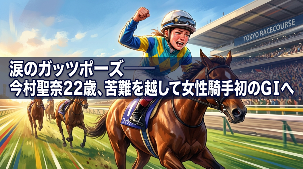 競馬場でGⅠ制覇のガッツポーズをする女性騎手のイラスト