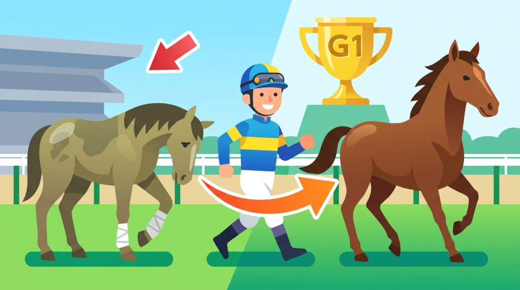故障馬から別の競走馬へ騎手が乗り替わる流れを示したカラフルなイラスト