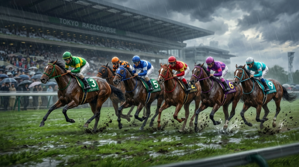 東京競馬場・芝1800mを力強く駆け抜ける牝馬たちのレースシーン(雨・稍重馬場)