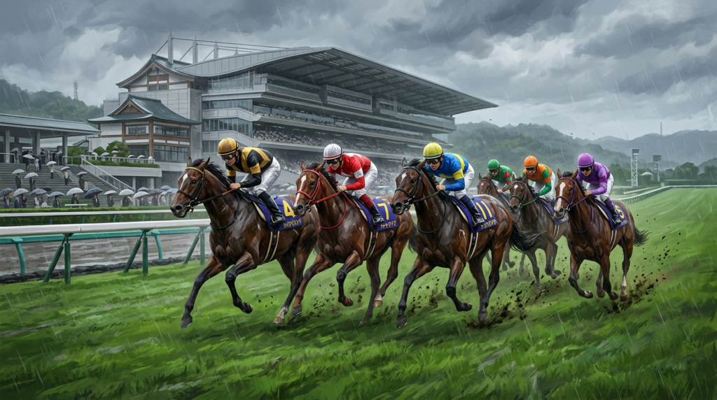 阪神競馬場・芝1600m外回りコースを力強く駆け抜ける競走馬たちのレースシーン(梅雨の曇り空)