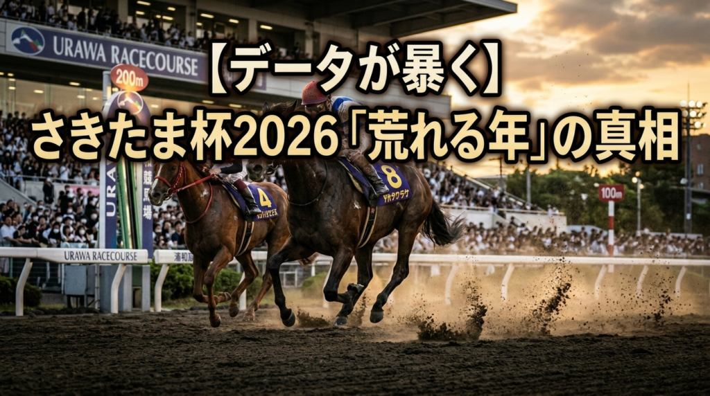 「浦和競馬場ダート1400mを疾走する出走馬。砂煙を巻き上げながらコーナーを駆け抜けるさきたま杯の迫力シーン」