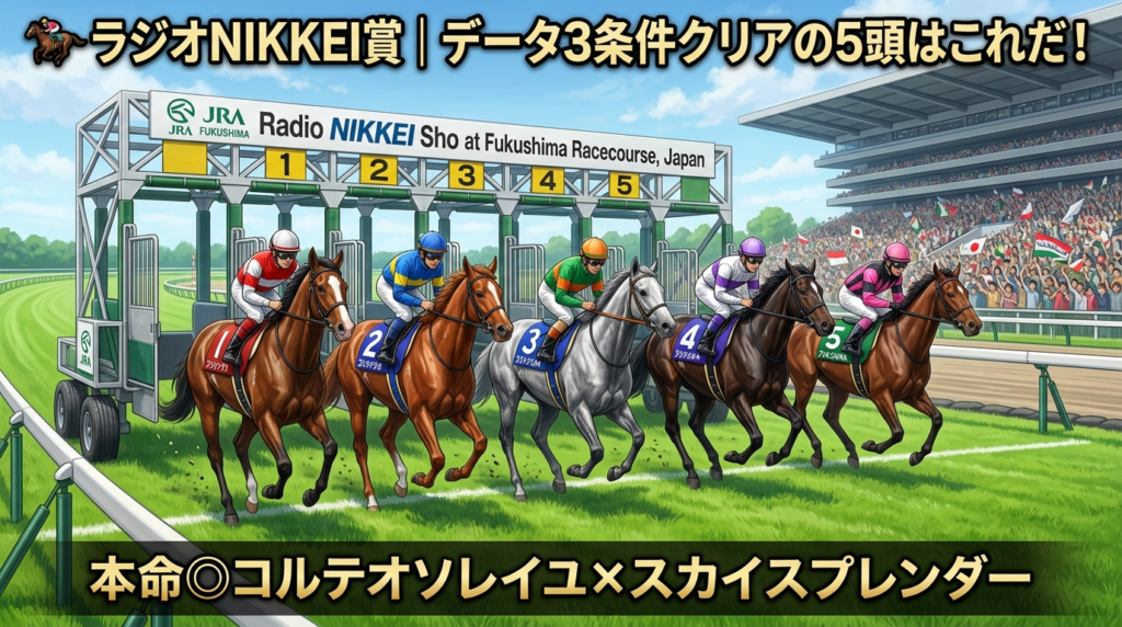 ラジオNIKKEI賞2026・データ該当5頭がゲートに並ぶシーン。福島競馬場の芝コースをイメージしたリアルなイラスト。
