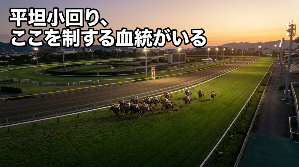 小倉競馬場の血統・騎手・コースデータを解説する攻略記事のアイキャッチ画像。平坦小回りコースのイラストと主要データを配置。