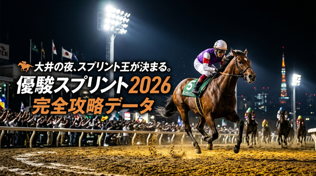 「大井競馬場ナイターで疾走するサラブレッドと騎手のリアルイラスト」
