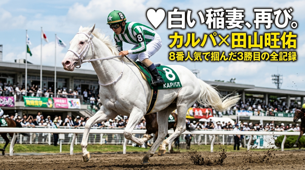 「白毛馬カルパが夏の競馬場のダートコースを力強く疾走するリアルイラスト」