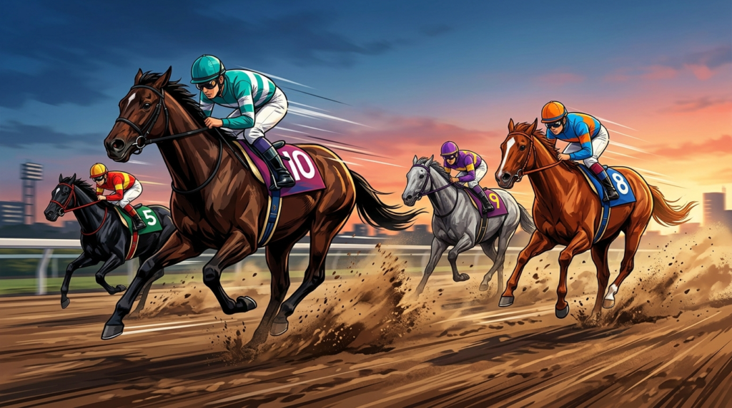 東海優駿の予想記事向けに、10番を中心に5番・8番・9番が追走する競馬イラスト