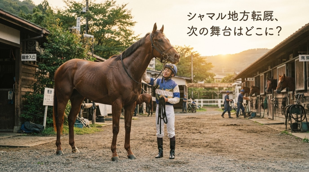 かしわ記念を連覇した名馬シャマルが地方競馬へ転厩する様子を描いたイラスト