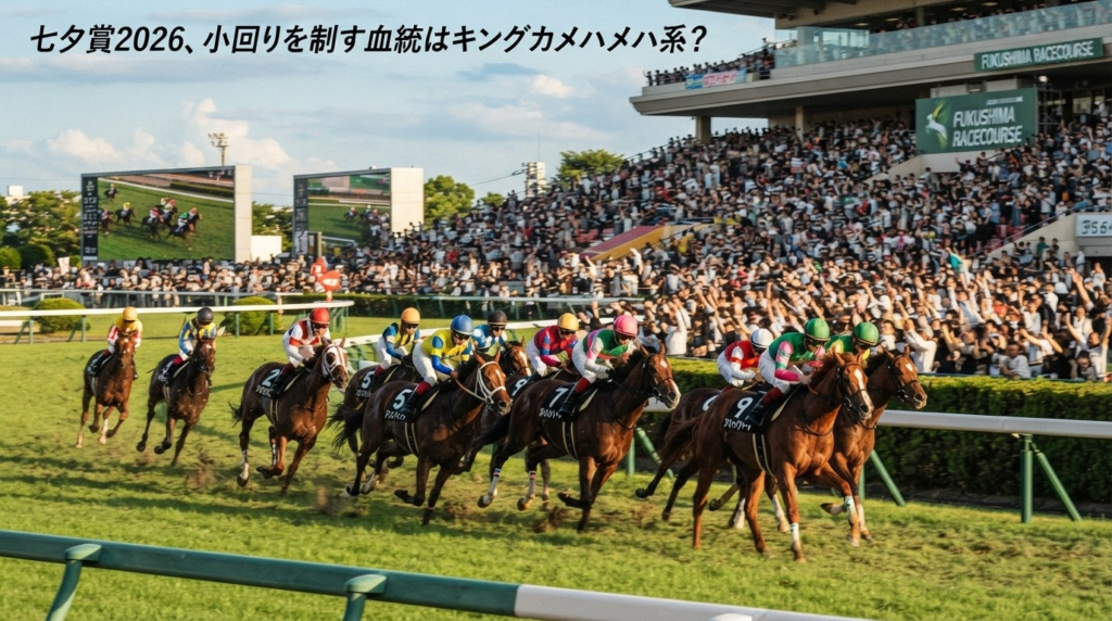 福島競馬場の小回り右回りコースを駆ける競走馬と、七夕賞に強い血統傾向を示すイラスト