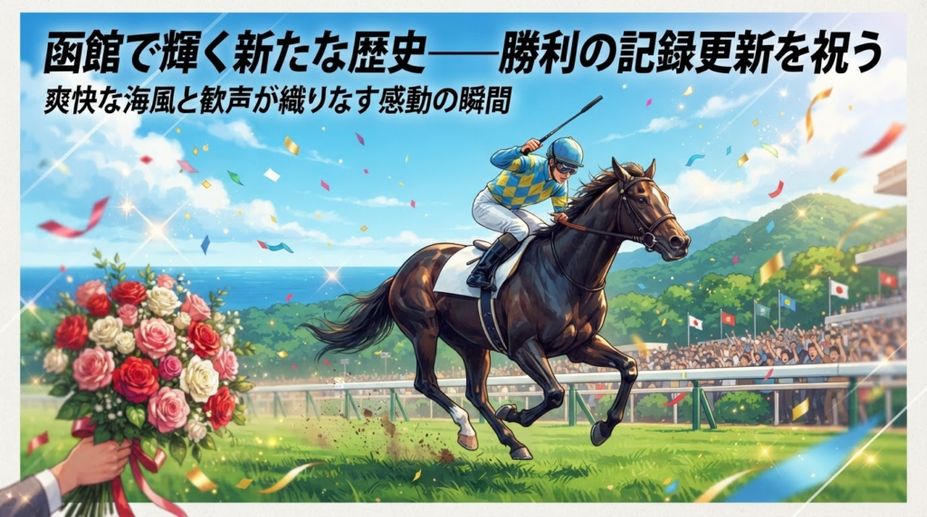 函館競馬場で記録達成を目指す競走馬とジョッキーをイメージしたイラスト
