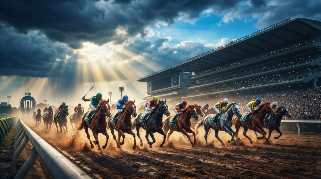 JRA中央競馬場の天候変化と激走する馬群をイメージしたアイキャッチ画像