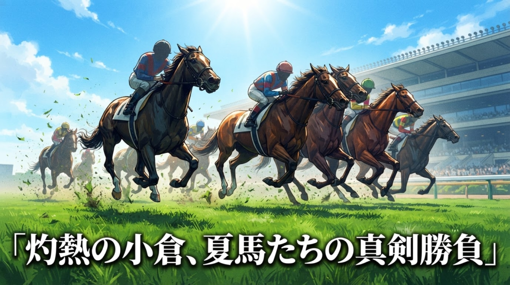 「夏の小倉競馬場を駆けるスプリンター馬たちのリアルイラスト(北九州記念イメージ)」