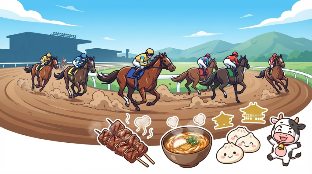 水沢競馬場の疾走レースと奥州名物グルメ(前沢牛・あんかけうどん)を組み合わせたイラストアイキャッチ画像