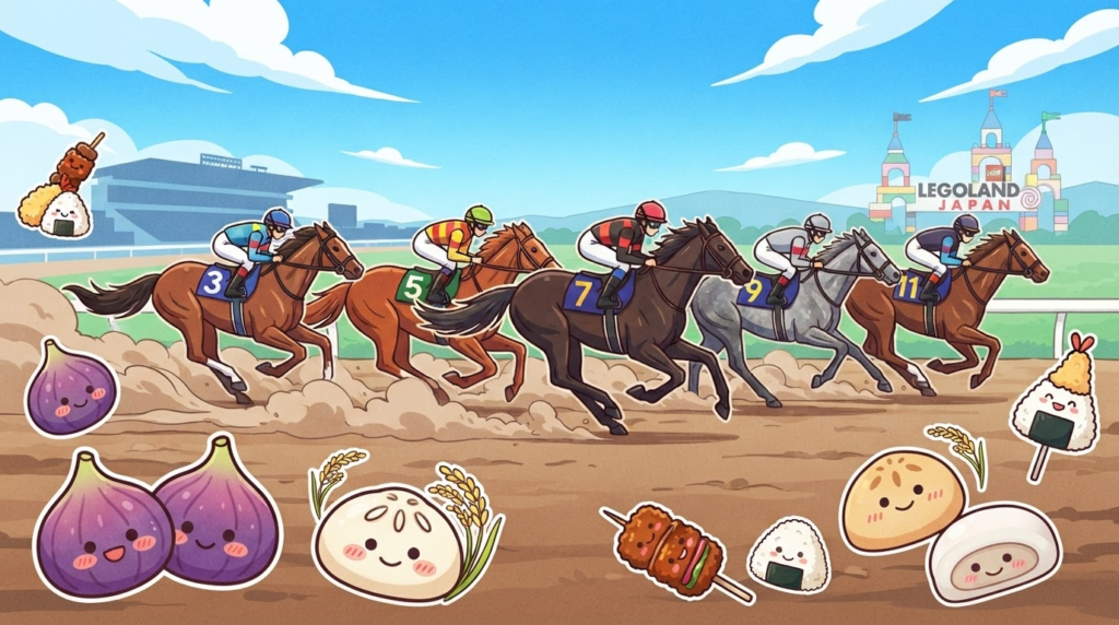 名古屋競馬場のレースと蟹江町いちじく・いな饅頭を組み合わせたイラストアイキャッチ画像