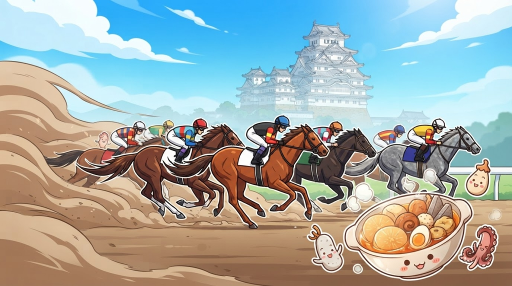 姫路競馬場のレースと姫路城・姫路おでんを組み合わせたイラストアイキャッチ画像