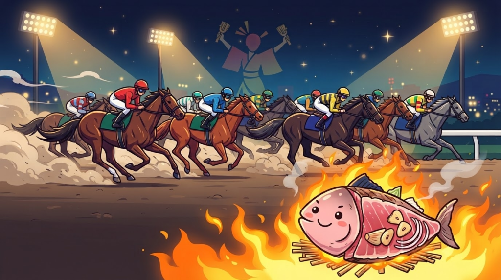 高知競馬場の夜さ恋ナイターとカツオのたたきを組み合わせたイラストアイキャッチ画像